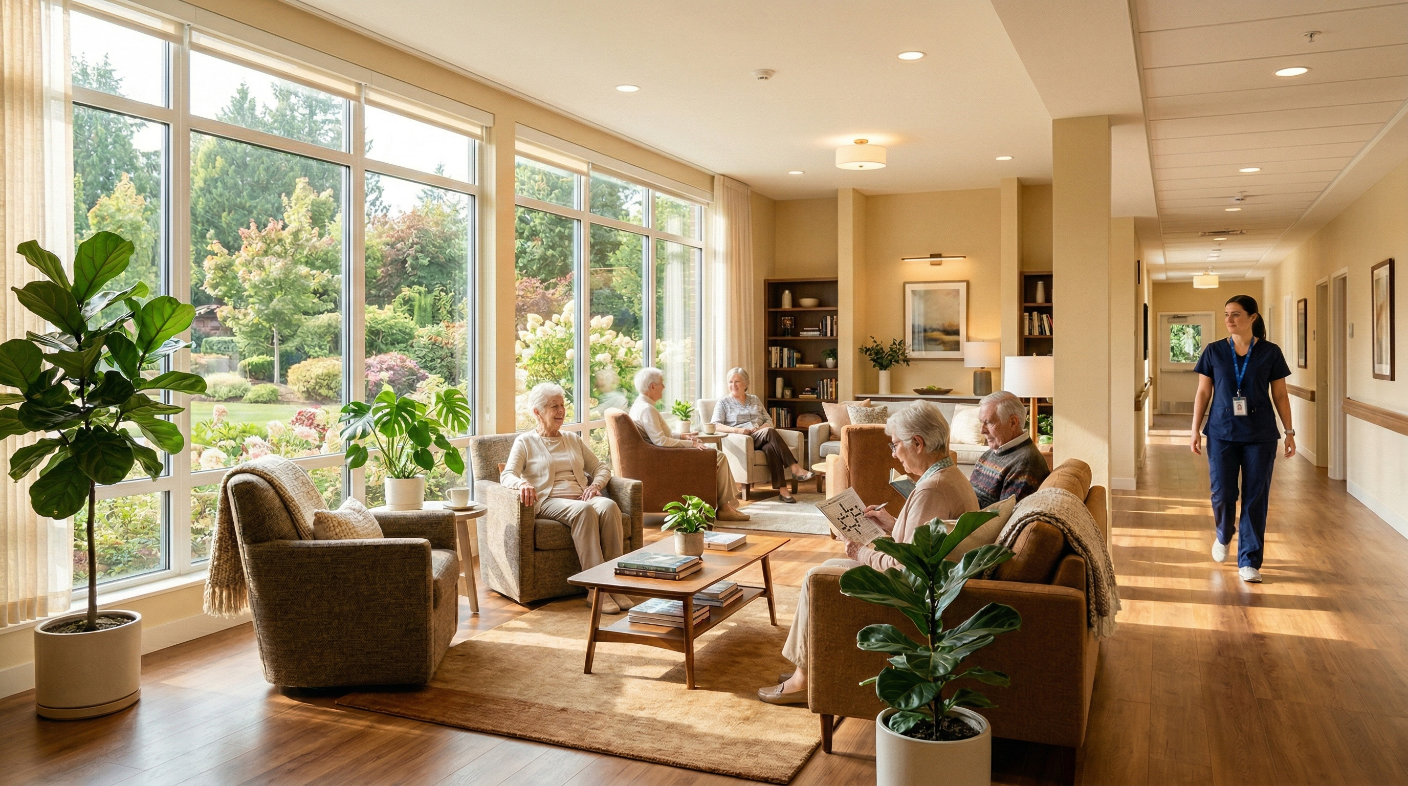 Warm, sunlit senior living community common area