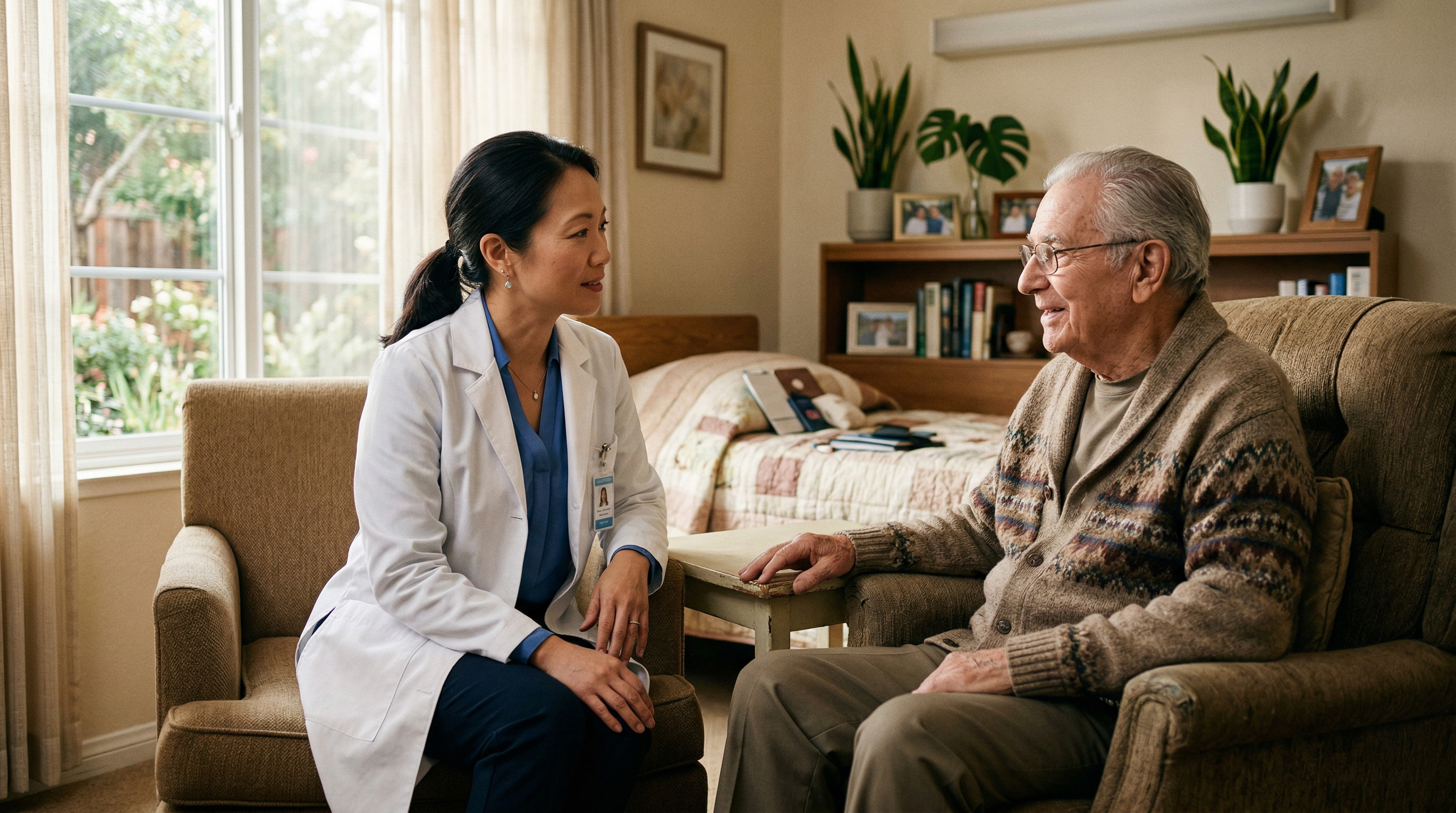 Provider in attentive conversation with a senior resident