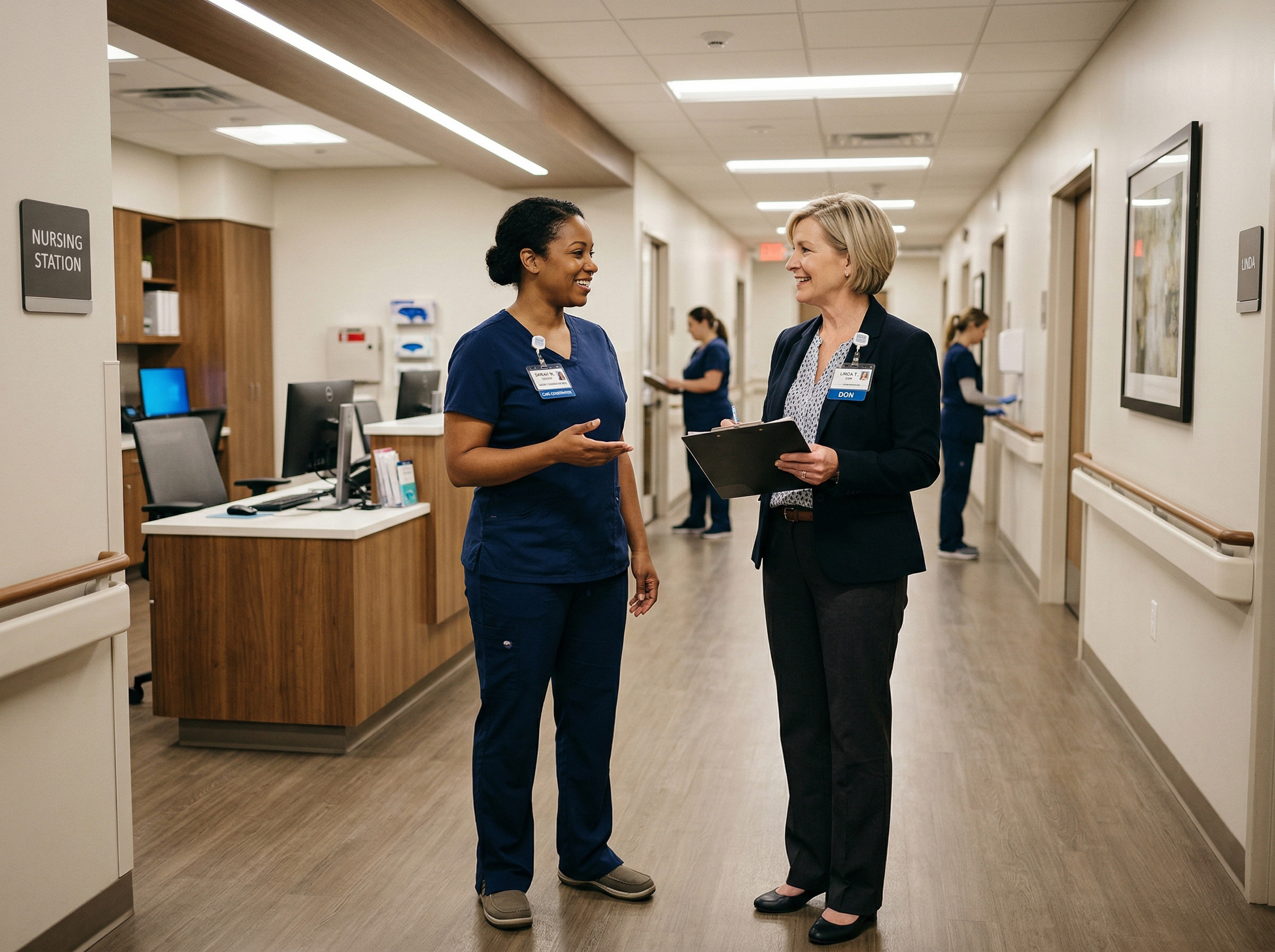 Altos Care provider in conversation with a facility administrator at a nursing station