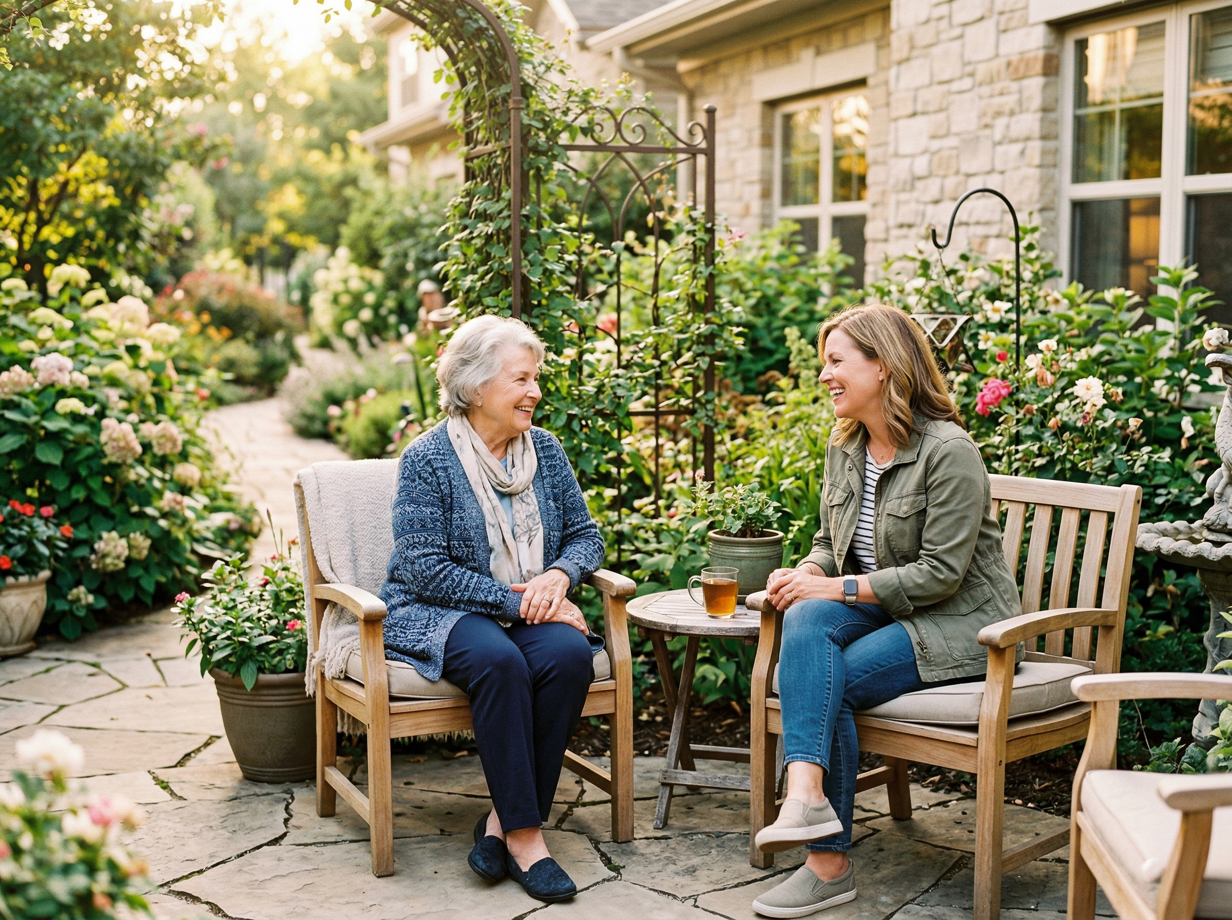Senior resident and family member relaxing together in a sunlit garden