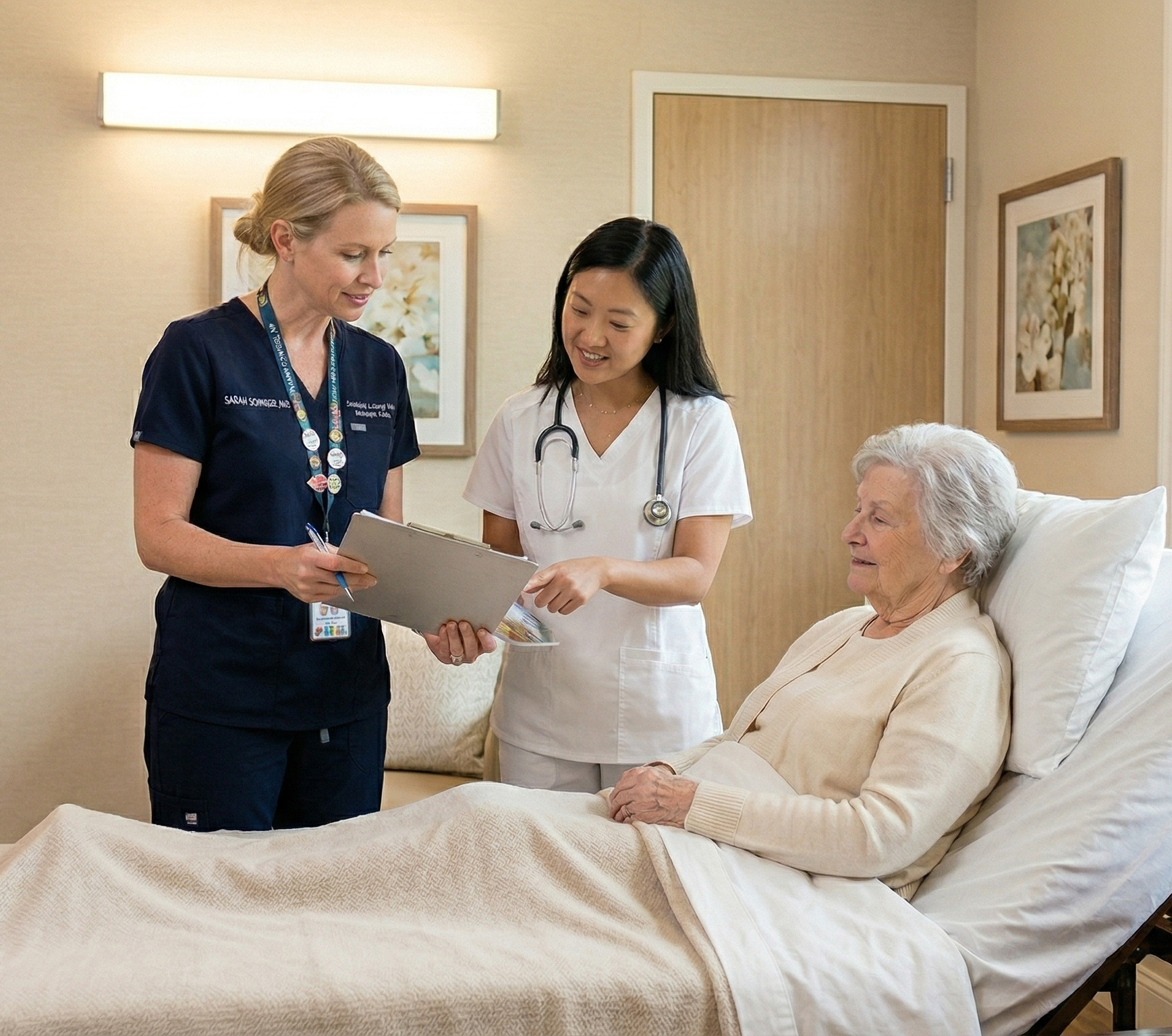 Healthcare providers coordinating care with a senior resident