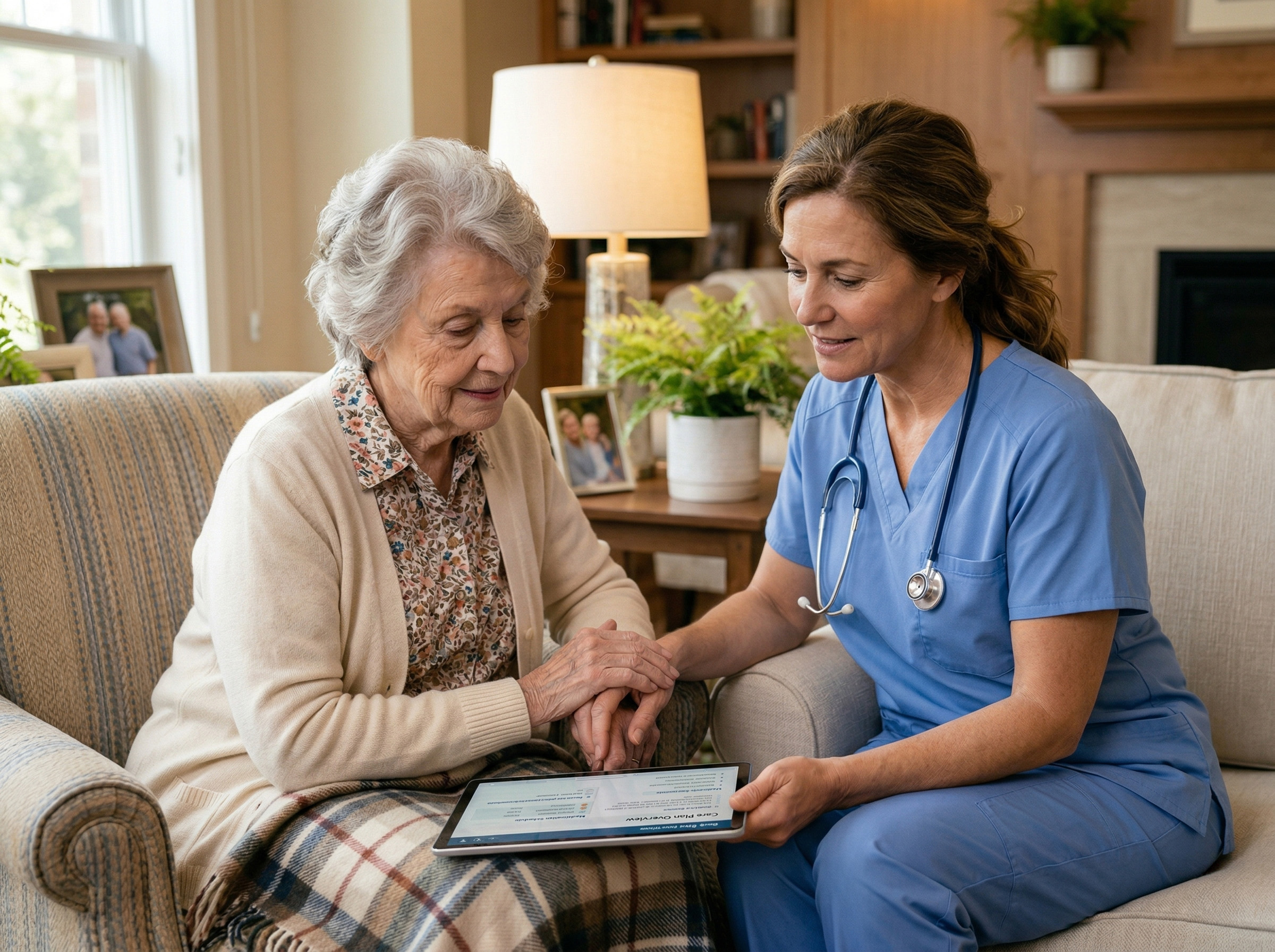 Healthcare provider seated with a senior resident having a warm conversation