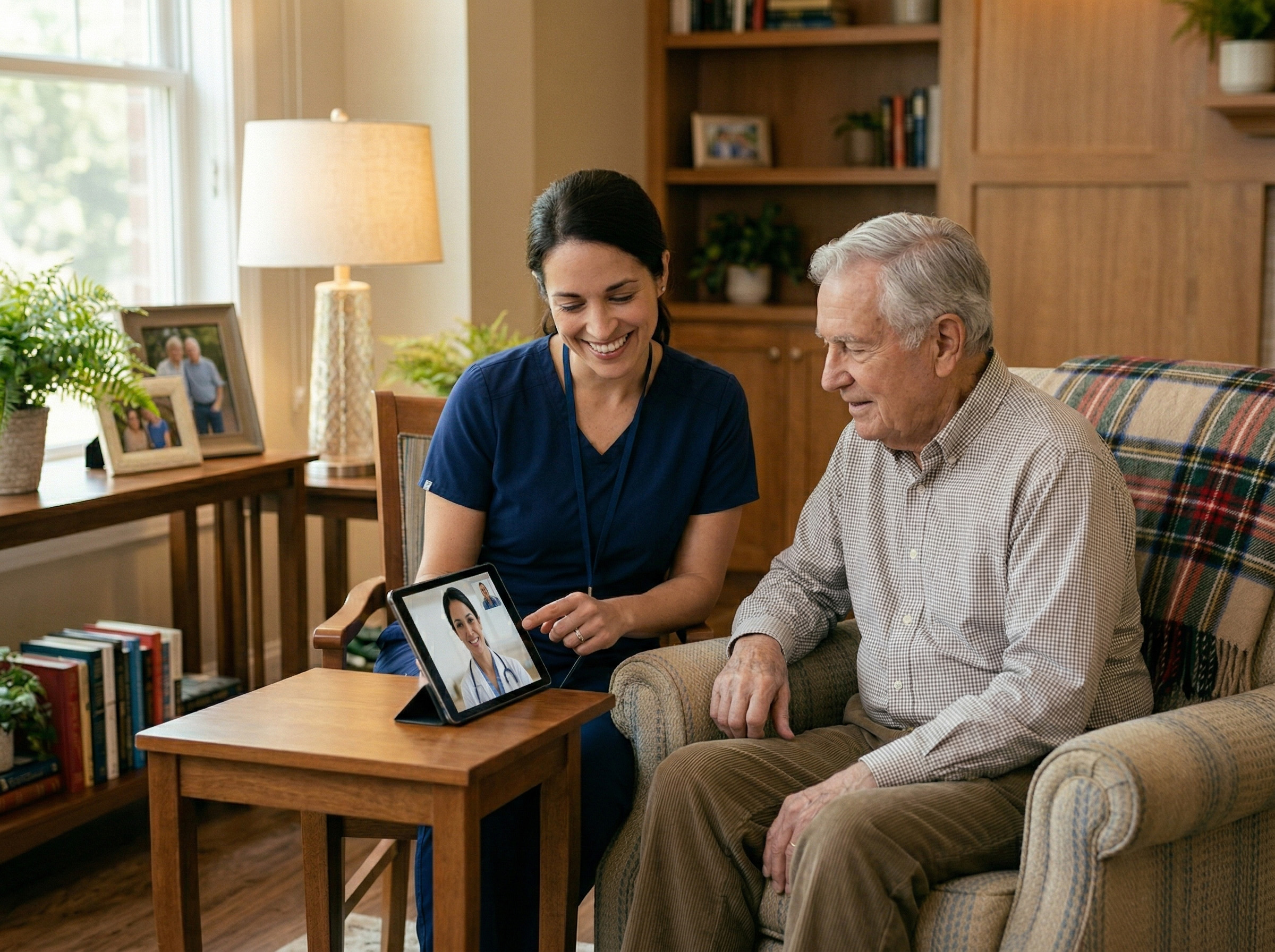Medical assistant facilitating a telehealth visit on a tablet with a senior resident