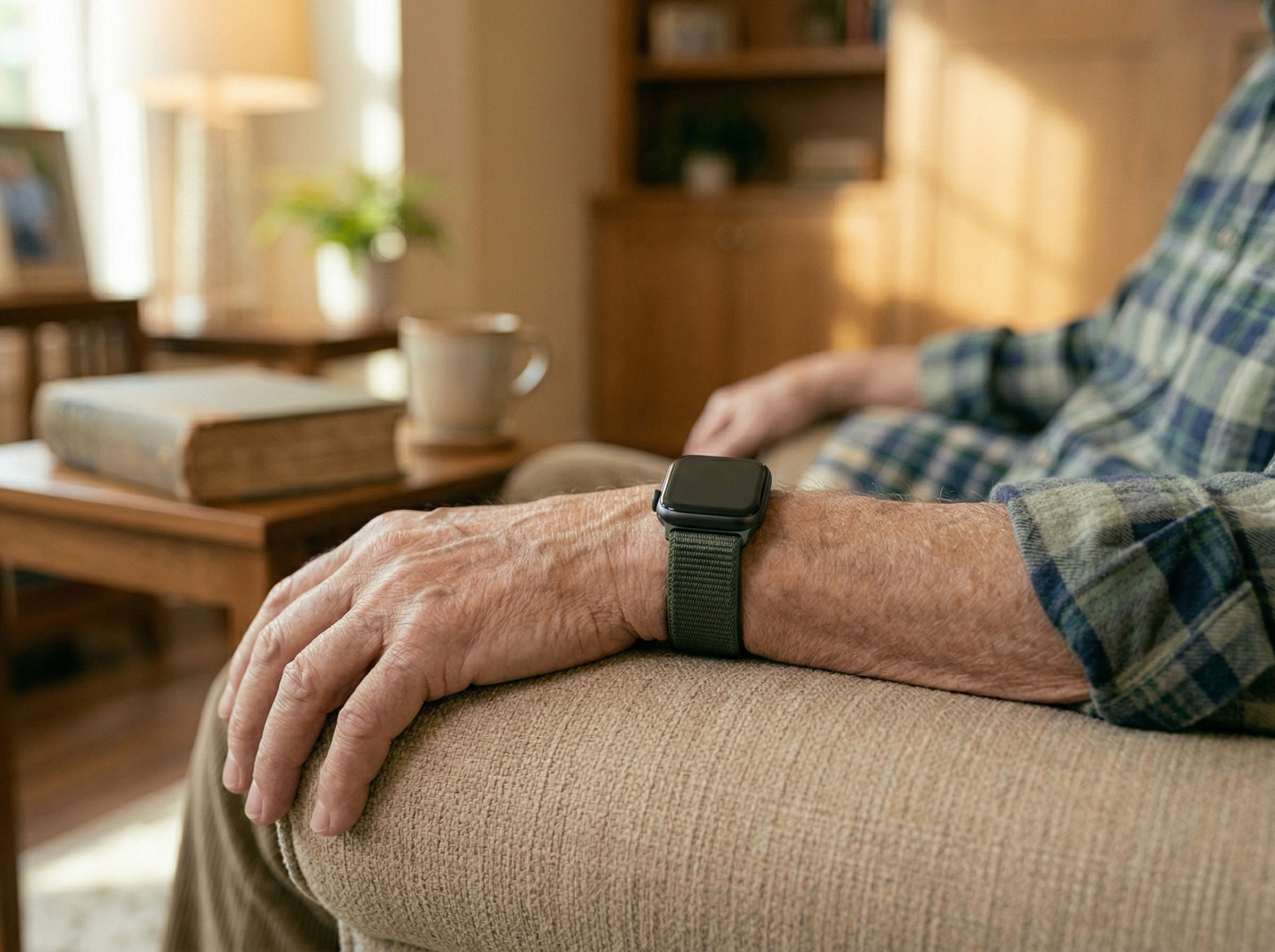 Close-up of a senior's wrist with a health monitoring smartwatch in a cozy living room