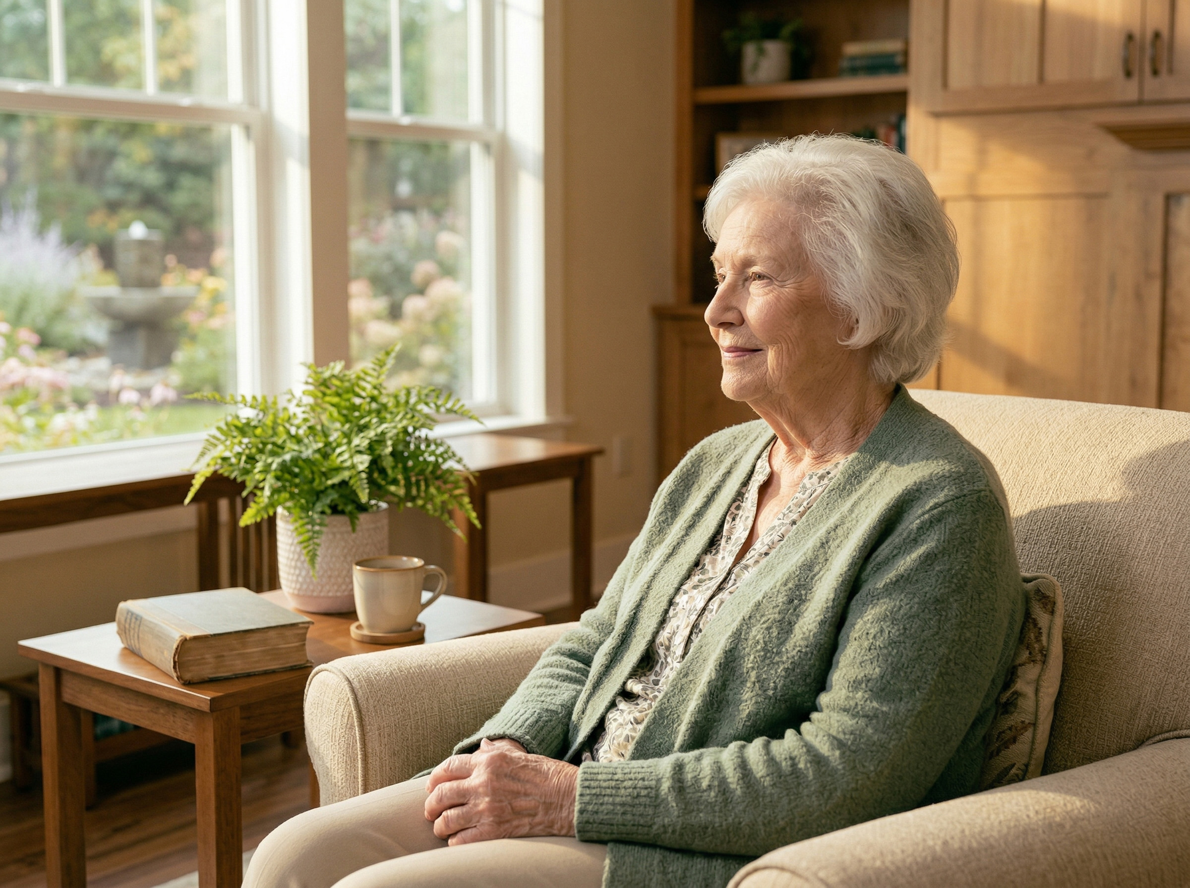 Senior woman sitting peacefully by a window in a sunlit room